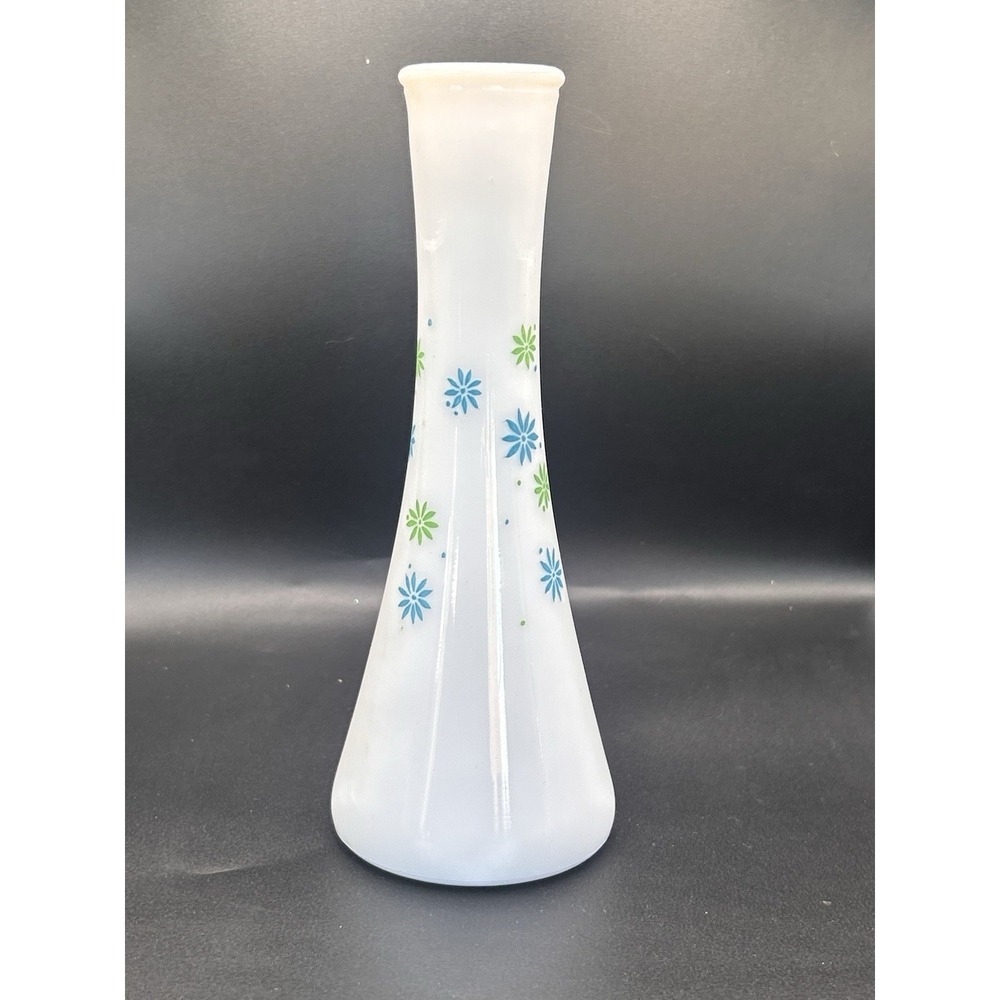 Flower Power VASE Milk Glass Blue & Green Daisies Dots 8" Tall 1960s-70s - Picture 1 of 4